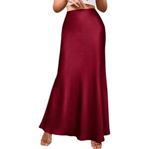 Women's Wine Red Spring Silk Casual Waisted Cocktail Guest Mermaid Maxi Skirt